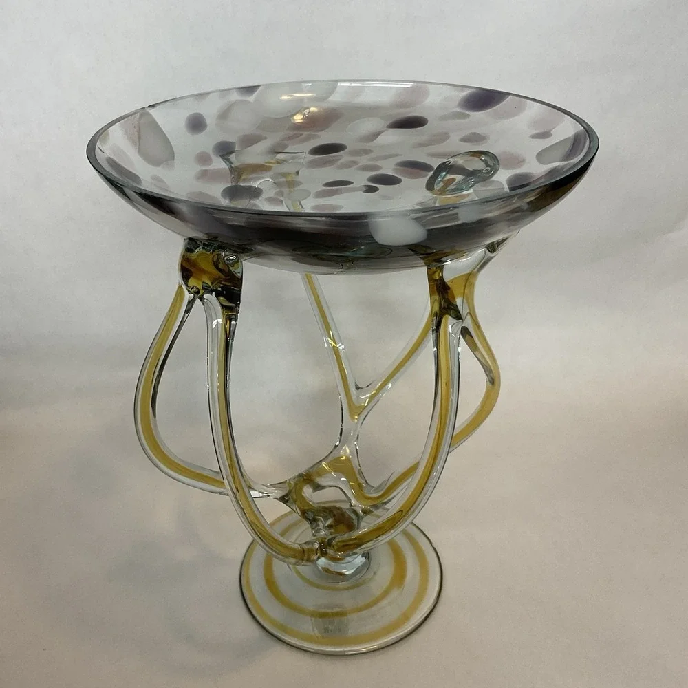 Vintage Jozefina Krosno Poland Cobalt Art Glass Jellyfish Pedestal Bowl 9